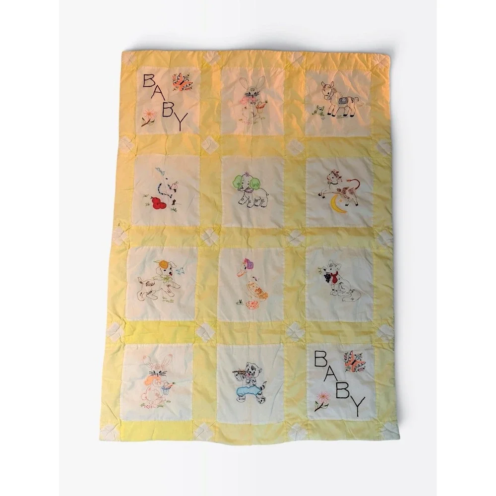 Vintage Handmade Baby Quilt Hand Embroidered Animals Yellow Nursery Crib BABY